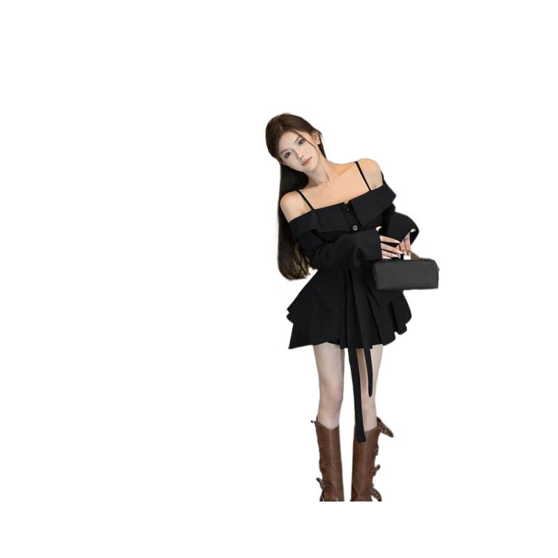 Blazer élégant à épaules dénudées et manches longues irrégulières pour femme, ensemble deux pièces avec jupe plissée, collection printemps-automne 2025_voghion.com