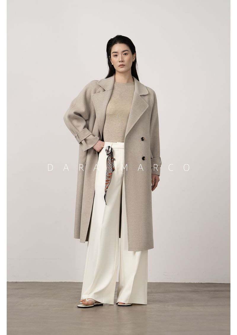 Trench double-face di lusso in misto cashmere e seta per donna – Elegante design con spalle scese, cappotto lungo aderente con drappeggio lusinghiero_voghion.com
