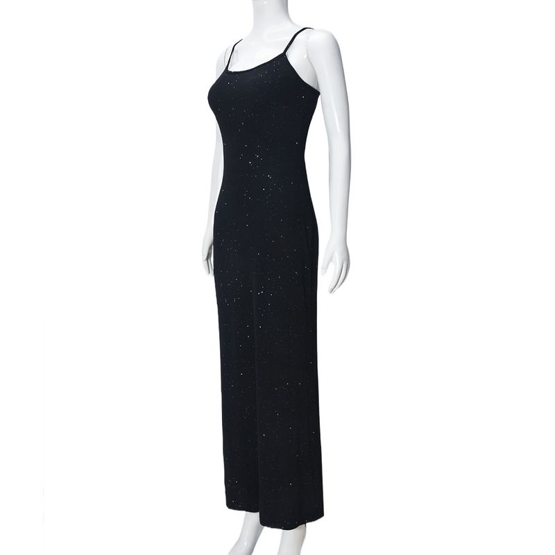 Sexy rückenfreies, figurbetontes Kleid mit Strassträgern – ärmelloses, langes Sommerkleid mit Schlitz für Frauen, dehnbare Clubwear aus Strick, elegant und lässig_voghion.com