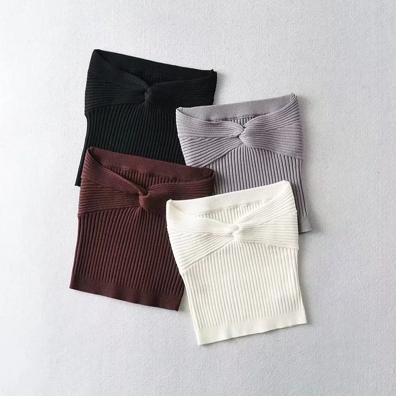 INS Vår/sommar Stickad Twisted Off Shoulder Base Axelbandslös för kvinnor, tight och sexig lågskuren kort väst Trend_voghion.com