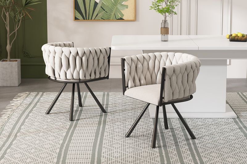 6er Set Leinen Esszimmerstühle Mit Metallbeinen, Beige/schwarz_voghion.com