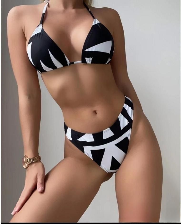 Damenbekleidung Langärmliger dreiteiliger Bikini-Badeanzug mit Netzstoff in der Taille und Kordelzug, bedruckt, geteilt_voghion.com