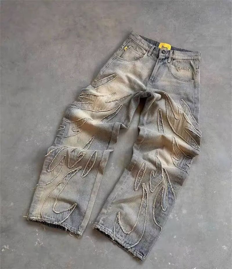 Relaxed Fit Jeans mit Vintage-Fledermaus-Stickerei für Herren – Retro-Streetwear-Jeans mit lockerem Komfort und Hip-Hop-Stil_voghion.com