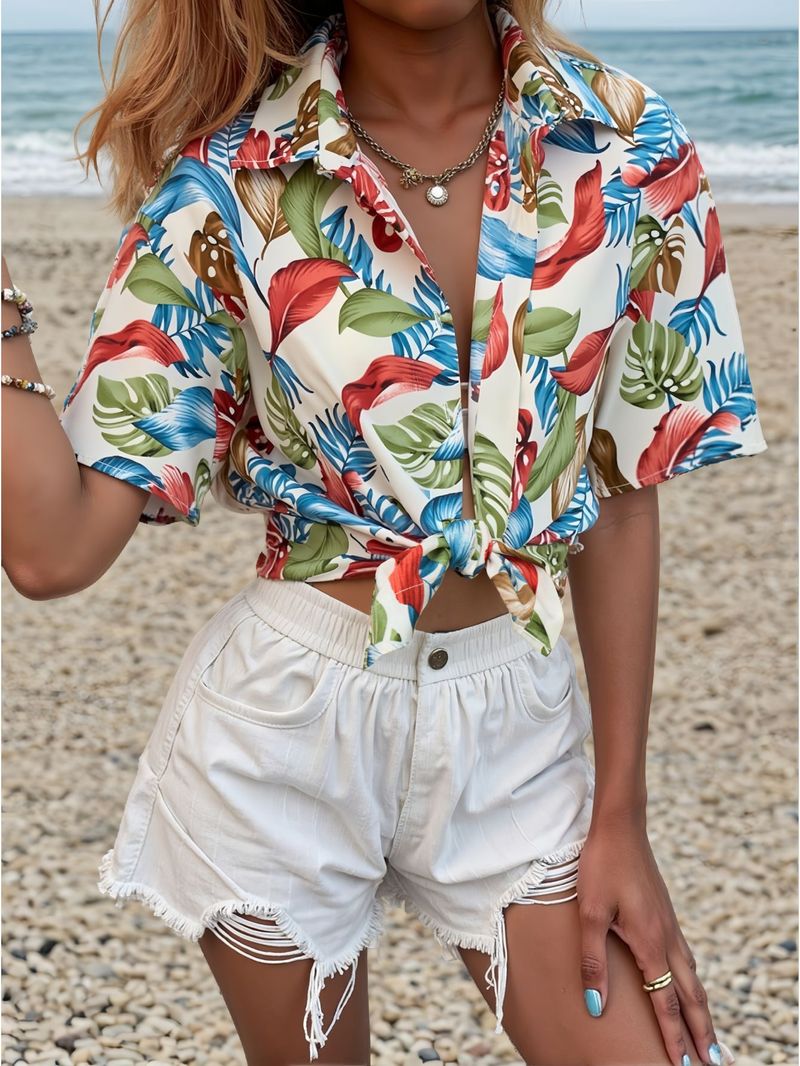 Camisa hawaiana de manga corta para mujer, estilo playero, para vacaciones, camping, fiesta en la playa, 2025_voghion.com