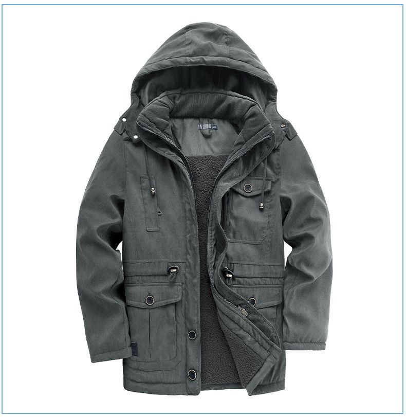Men's Plus Size Shearling Hooded Cotton Jacket Thickened Multi-Pocket Cotton Top Casual Mid-Length Coat_voghion.com
