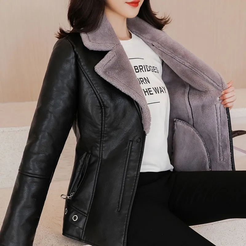 Damenbekleidung Herbst und Winter Damen Lederjacke Verdickte Plus Samt Warme Pelz- Und Lederkleidung Schlanke Kurze Damen Lederjacke_voghion.com