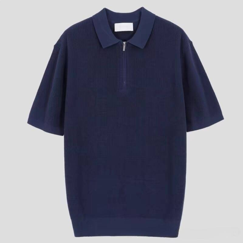 Polo da uomo in maglia con mezza cerniera, felpa a maniche corte tre quarti elasticizzata slim da uomo, maglietta in seta fresca con risvolto e maniche strette_voghion.com