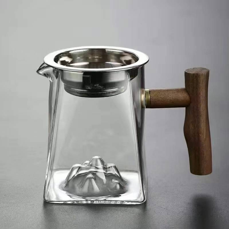 Square Glass Tea Pitcher With Wooden Handle – Heat-Resistant Borosilicate Gongfu Tea Cup Transparent Tea Server + Optional 304 Stainless Steel Filter_voghion.com