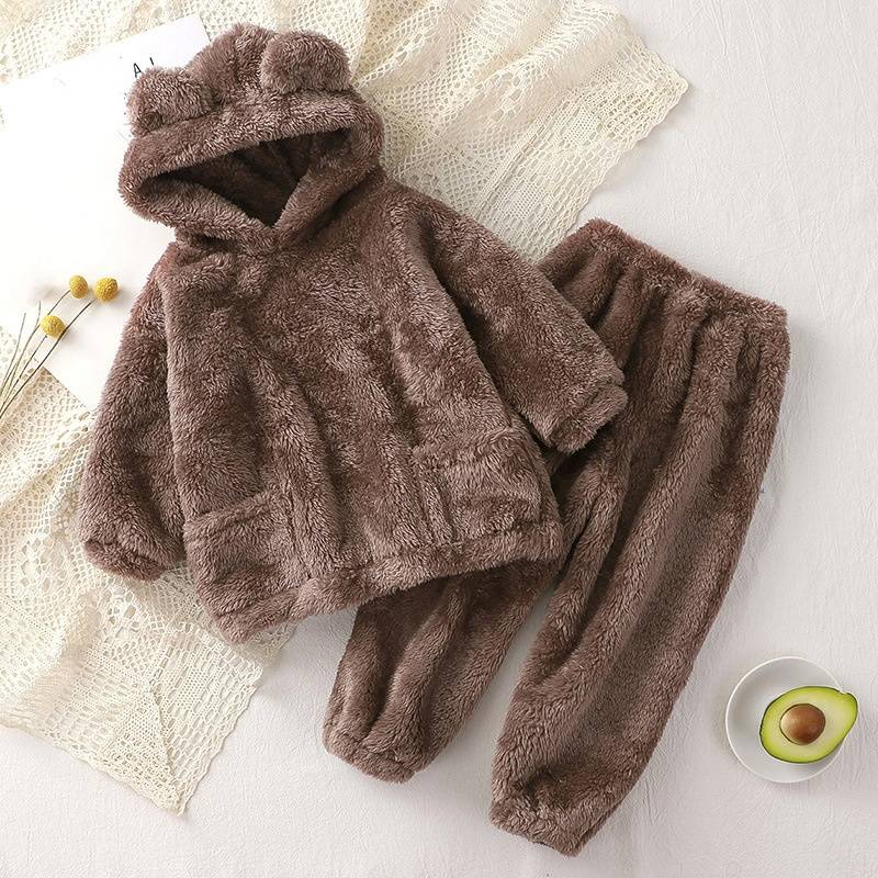 Pijama infantil de franela suave con estampado de oso - Ropa de dormir de invierno acogedora para niños pequeños (1-3 años, 80-120 cm) - Ropa de casa unisex para niños y niñas_voghion.com
