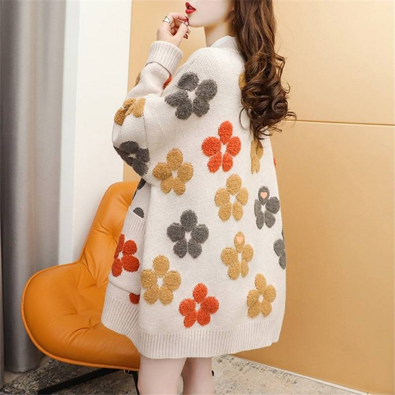 Cardigan in maglia dolce da donna - Cappotto casual chic oversize con scollo a V floreale e maniche lunghe_voghion.com