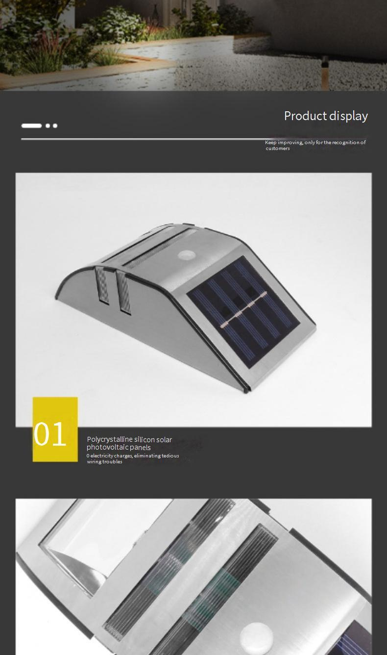 Lámpara solar de pared para exteriores, de acero inoxidable, impermeable, con sensor de movimiento, para patio, jardín y villa (luz blanca/cálida, LED, certificación CE)_voghion.com