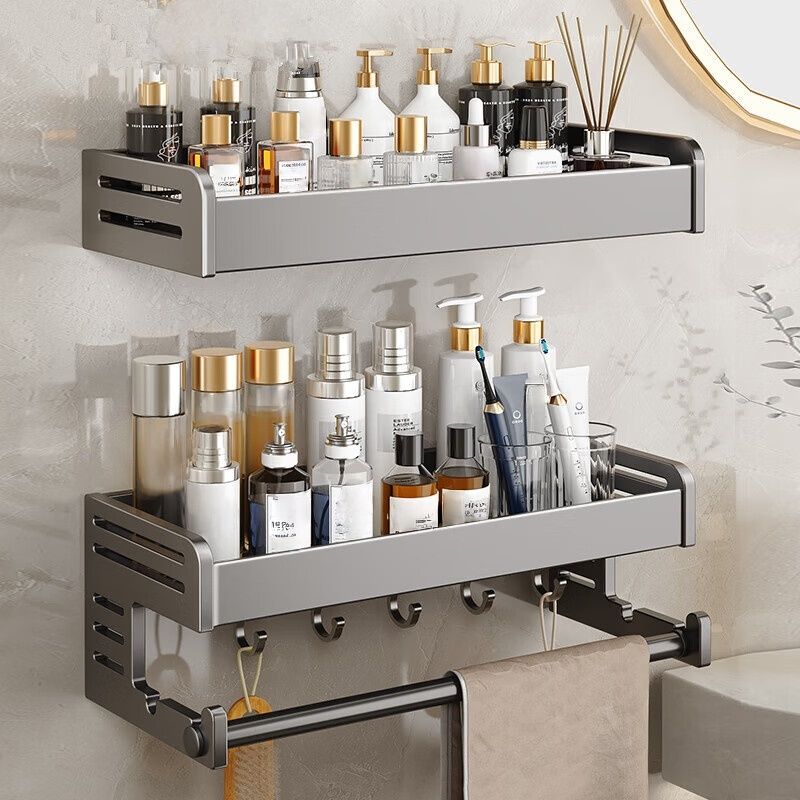 Aluminum Bathroom Shelf With Hooks - Wall Mounted Organizer For Towels, Toiletries & Cosmetics Rustproof, Space-Saving,_voghion.com