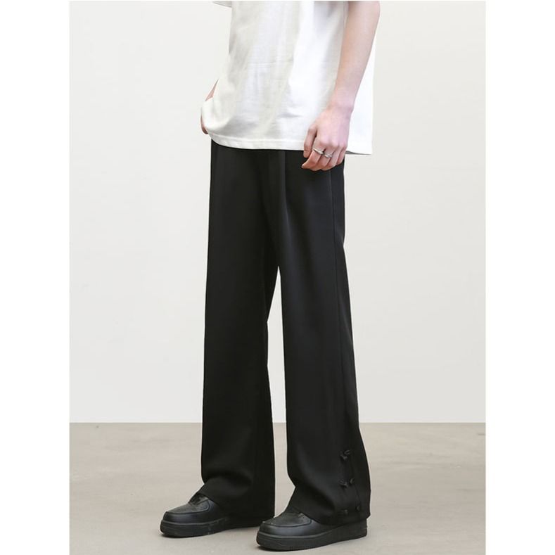 Men's Neo-Chinese Style Wide-Leg Pants – Minimalist Mandarin Collar Pants With Knot Buttons, Flowy Straight-Cut Trousers (Black/Dark Grey)_voghion.com