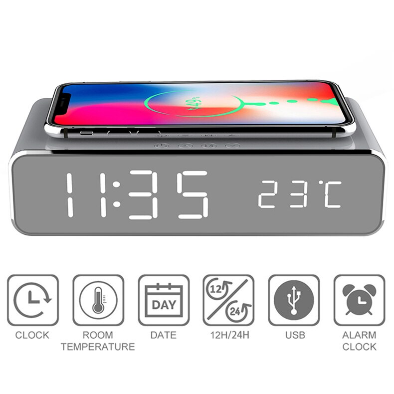 Vezeték nélküli töltő időzítő ébresztőóra LED digitális hőmérő fülhallgató telefontöltők gyorstöltő dokkoló állomás iPhone-hoz Samsung_voghion.com