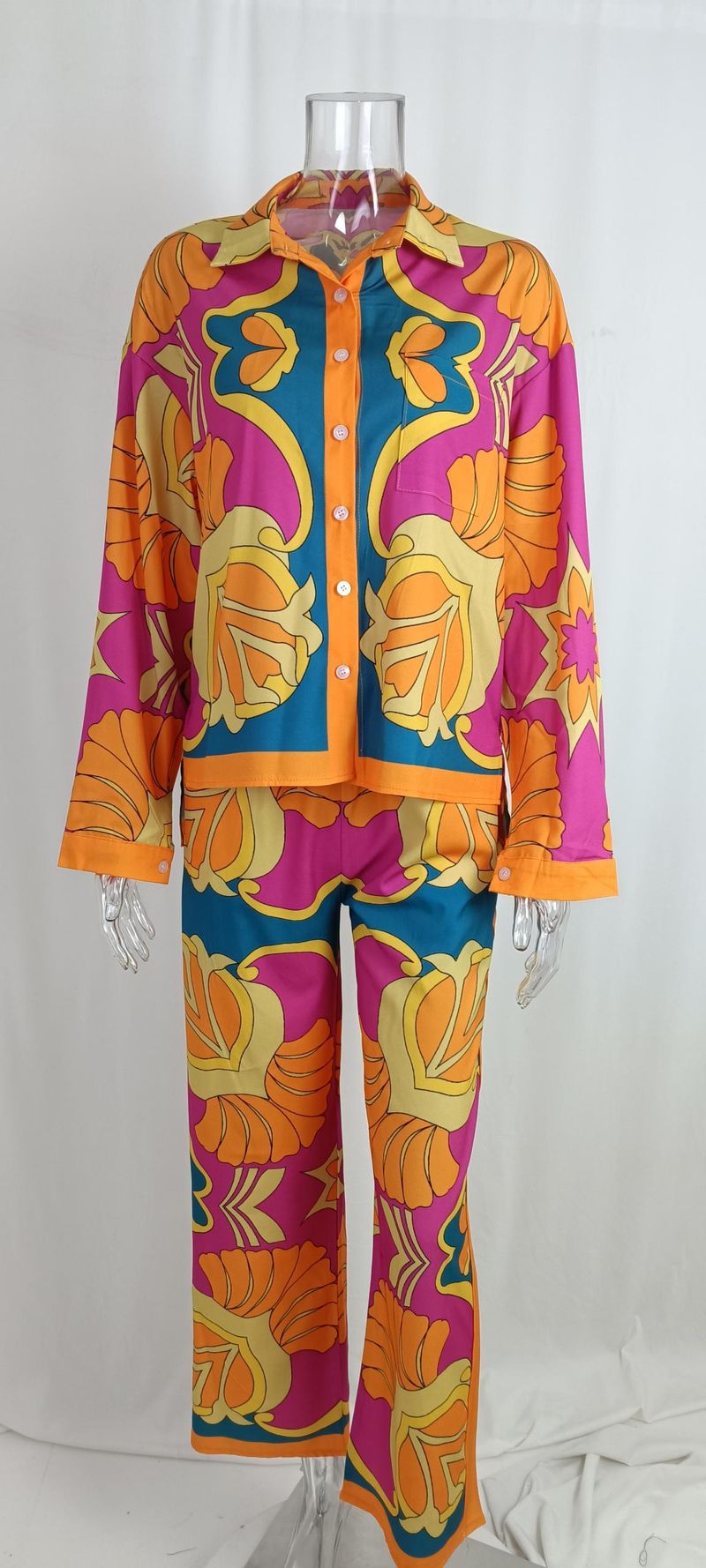 Women's fashion matching suit personalized printed long-sleeved shirt loose straight pants two-piece set for women_voghion.com