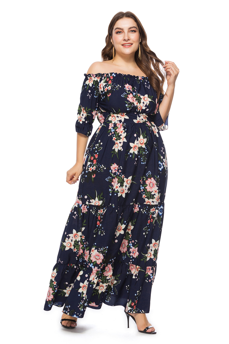 Kadın Büyük Beden Elbiseler Yaz Tek Çizgi Yaka Boho Elbise_voghion.com