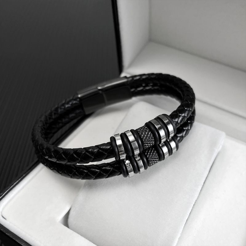 Pulsera de cuero tejida a mano negra con personalidad para hombre_voghion.com