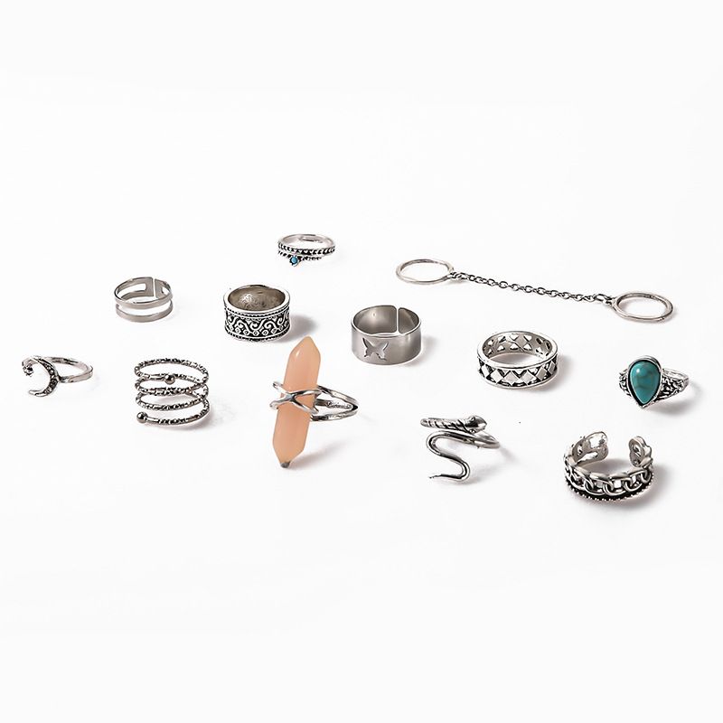 Professional Style Turquoise Ring, Crystal Hexagonal Pillar, Flower Chain, 12 Piece Set Ring_voghion.com