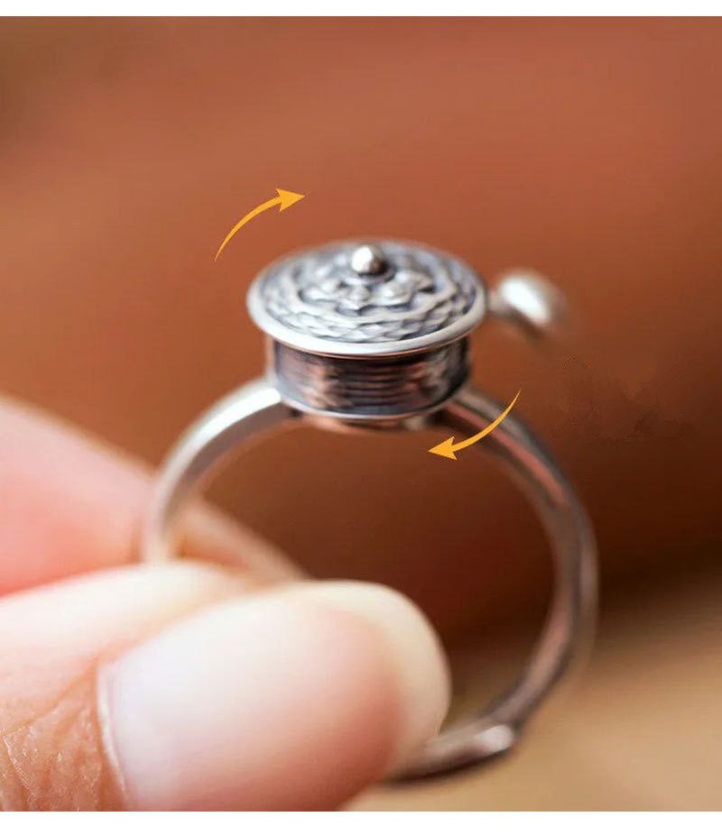 Modni retro budistički šestoliki Sveto pismo okretanje Sutra kotača za muškarce nakit etničko zvono lotosov prsten Sier žene bijou_voghion.com