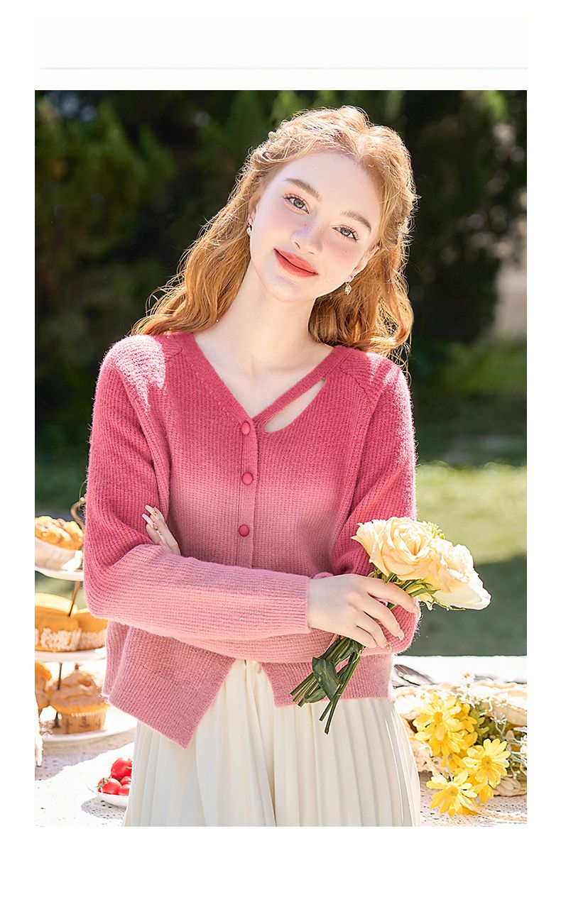 Maglione corto lavorato a maglia con scollo a V di alta qualità, rosso sfumato, per donna, autunno inverno 2025_voghion.com