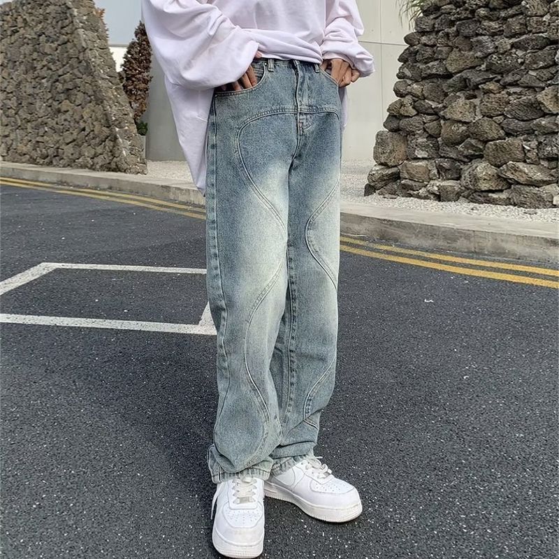 Pantalones largos nostálgicos de calle, corte holgado y ajustado, pies pequeños, jeans azules INS, hombres de moda_voghion.com
