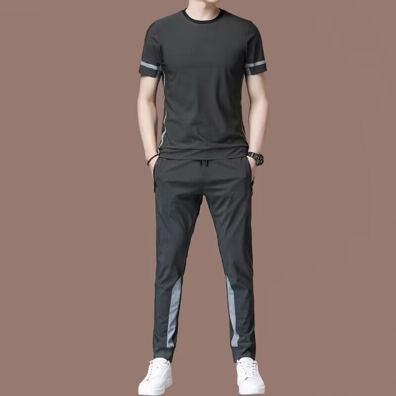 Neu Elastische Dünne Ice Silk Zwei-Stück Set Sommer High-End Herren Casual Sport Plus Größe Anzug Trend_voghion.com