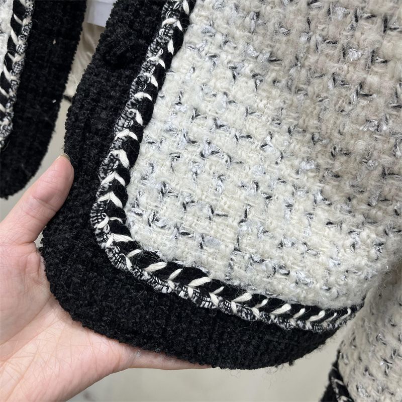 Elegant Tweed Down Coat For Women - Winter Long Puffer Jacket With Contrast Collar, Thickened White Duck Down Lining, French Style Petite Outerwear_voghion.com