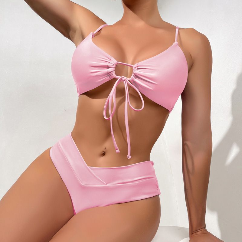 Odzież damska Nowy jednolity kolor Koronka Kokarda Split Swimsuit Bikini dla kobiet_voghion.com
