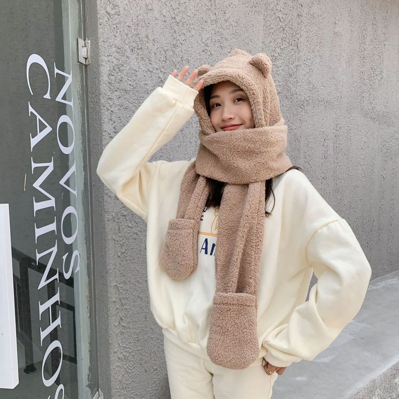 Set di tre pezzi in tinta unita per autunno inverno, caldo e carino, cappello spesso in peluche, guanti, sciarpa, sciarpa genitore-figlio_voghion.com