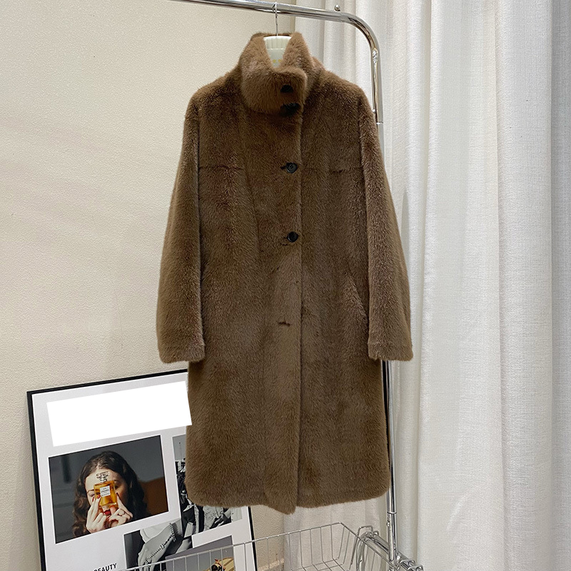 Damenbekleidung Nerz mittellang einfarbig Stehkragen Multi-Knopf High-End-Mantel schneeblau Nerzpelzmantel warm Herbst und Winter neuer Stil_voghion.com