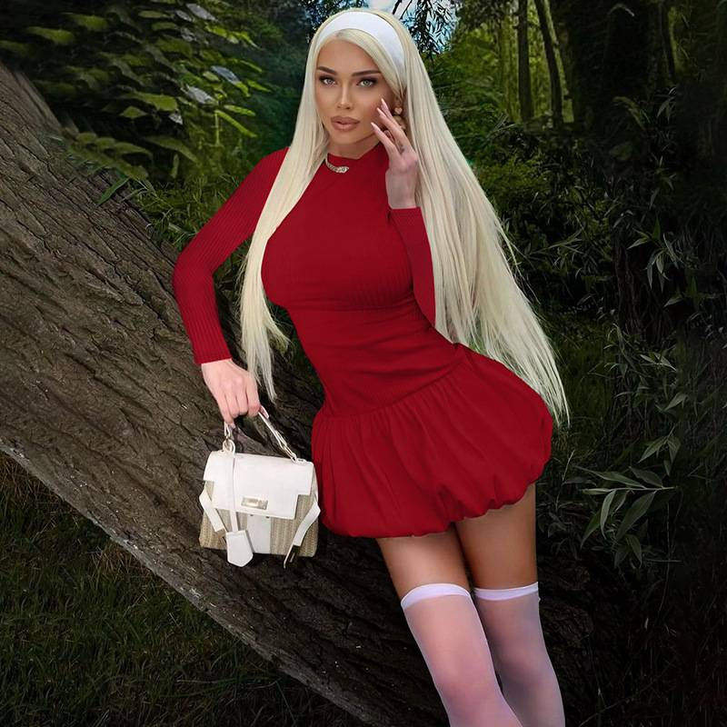 Damen Rückenfreies Mini Bubble Kleid Y2K Streetwear Mädchen Langarm Tuniken Kurze Plissee Kleider Urlaubsoutfit Party Ballkleider_voghion.com