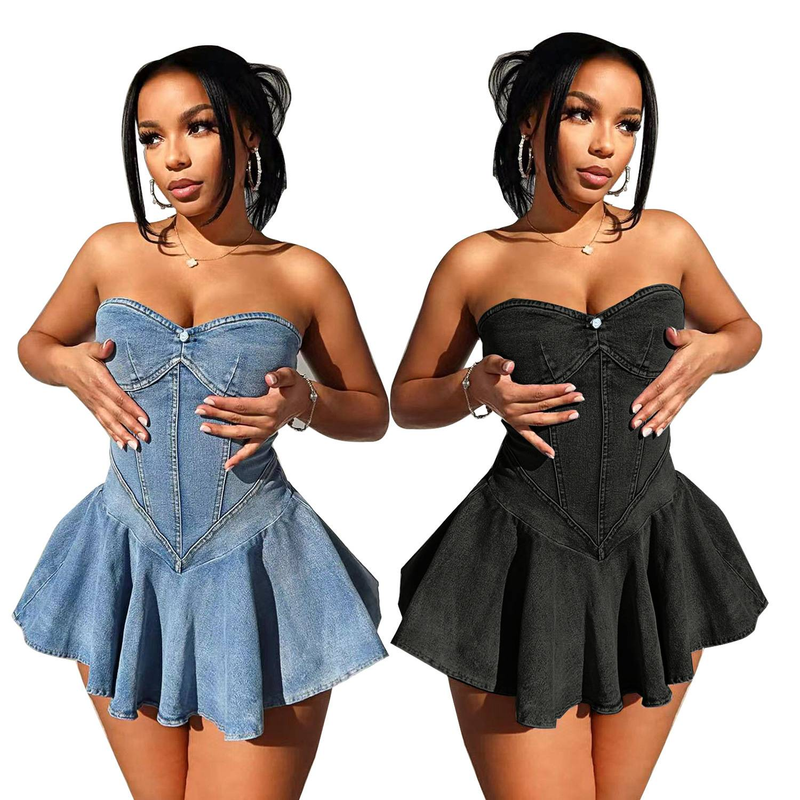 Mini abito a trapezio sexy da ragazza hot in denim senza maniche alla moda transfrontaliera_voghion.com