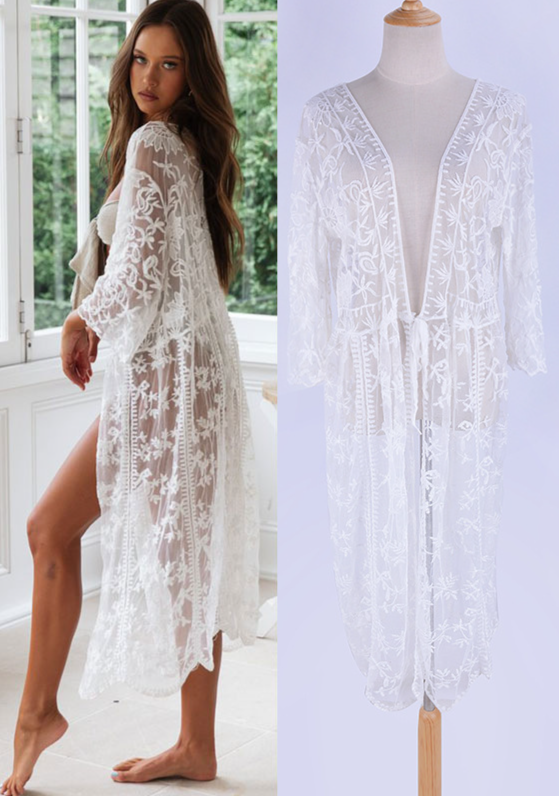 Damenbekleidung Strand-Cardigan, Strandurlaub, Sonnenschutz, sexy Spitze, Strandüberzug, transparent, gehäkelt, Kimono, Bikini, Wickel, Bademode, Cardigan_voghion.com
