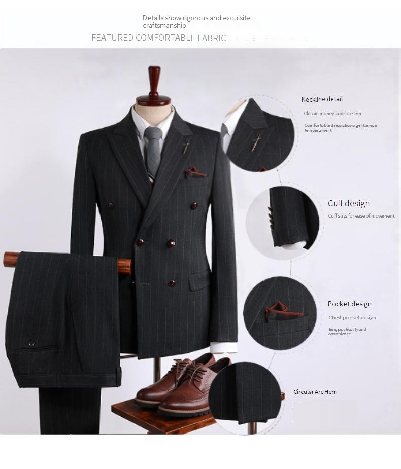 Conjunto elegante de terno cinza listrado trespassado para homens - Traje formal de 3 peças para negócios, casamento e performance (disponível em tamanhos grandes)_voghion.com