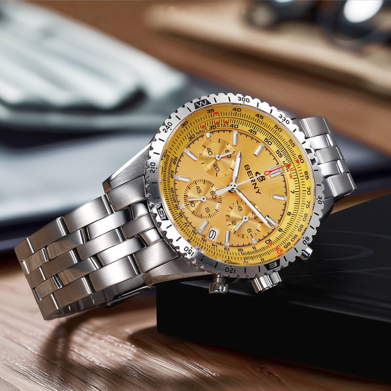 BERNY Silver Chronograph Watches For Men Multifunction Quartz Watch With Tachymeter Date Stainless Steel Waterproof Luminous Sapphire Wristwatch_voghion.com