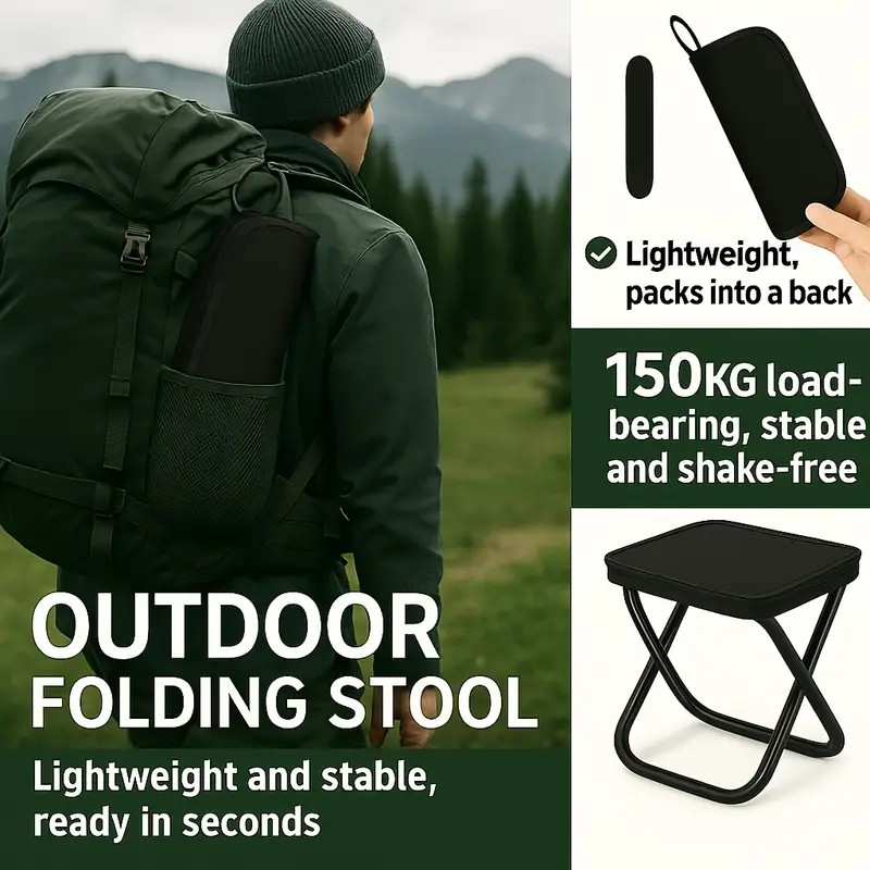 1Pc Folding Travel Stool - Compact & Sturdy Seat For Adults, Great For Camping, Fishing & Outdoor Use, Easy Setup, Stable And Wobble-Free_voghion.com