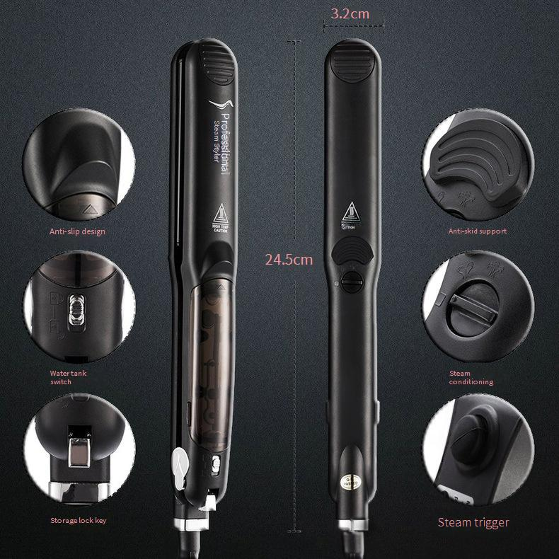 Professional Ceramic Tourmaline Flat Iron With Steam Spray & Dual Voltage (110-240V) – Straightener & Curler For All Hair Types (Black)_voghion.com