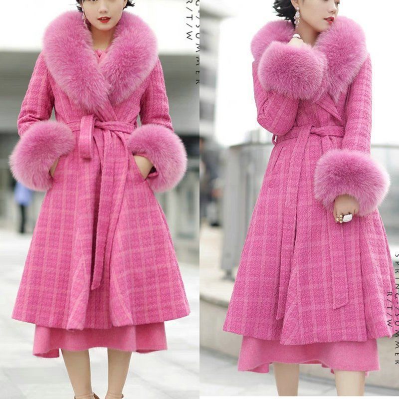 Cappotto in lana con collo in pelliccia sintetica da donna, giacca trench invernale alla moda con finiture in pelliccia di volpe, elegante e caldo capospalla oversize per donna_voghion.com