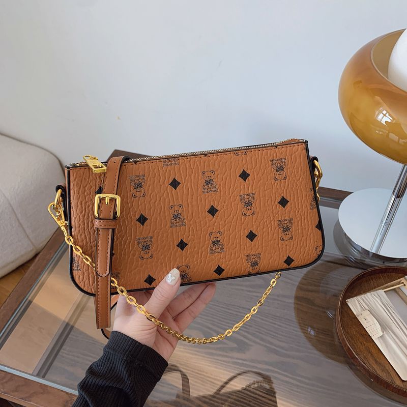 Borsa a tracolla da donna chic, classica con motivo floreale, tinta unita, leggera, versatile, tracolla a catena, cerniera, borsa da viaggio per ufficio, 26*5*13 cm_voghion.com