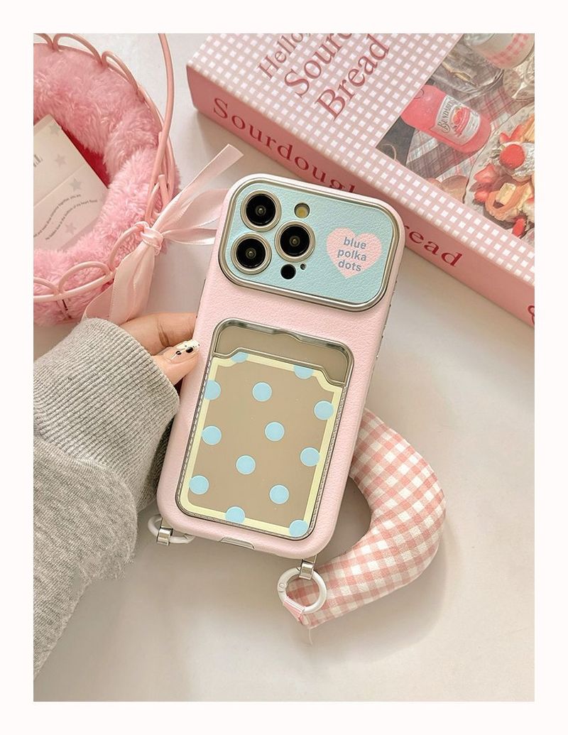 Korean-style Niche, Sweet Polka Dot Mirror Card Case For IPhone 17 Pro Max Phone Cover. 16th New Model 15th With Wristband And Hanging String._voghion.com