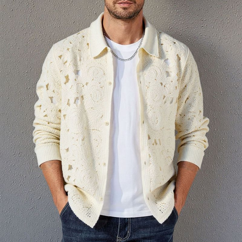 Men's Casual Openwork Knit Cardigan - Long Sleeve Lace Crochet Sweater For Spring & Fall (Sy0129, Apricot)_voghion.com