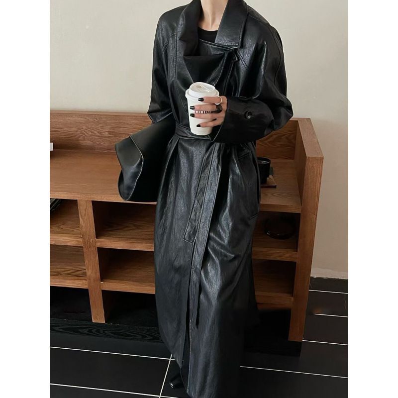 Trench vintage in similpelle per donna - Giacca a vento lunga e ampia con cintura e revers, effetto snellente_voghion.com