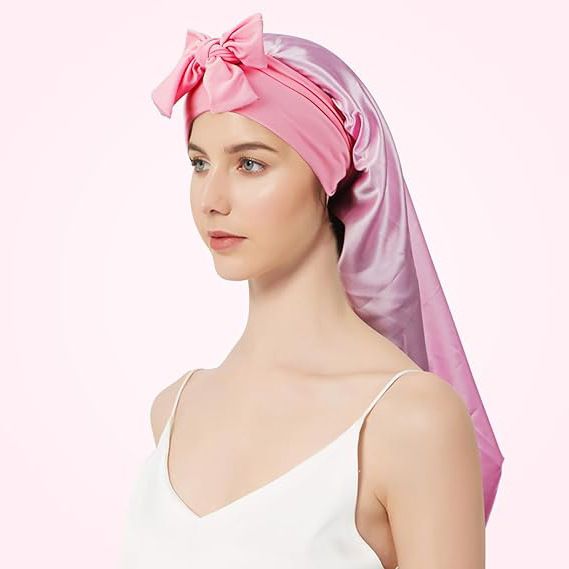 Damen-Nachtmütze aus hochelastischem, langem Satin-Schlauch, neue Kopftuchmütze mit Fliege, Schönheits-Dauerwellen-Haarpflege-Kappe_voghion.com