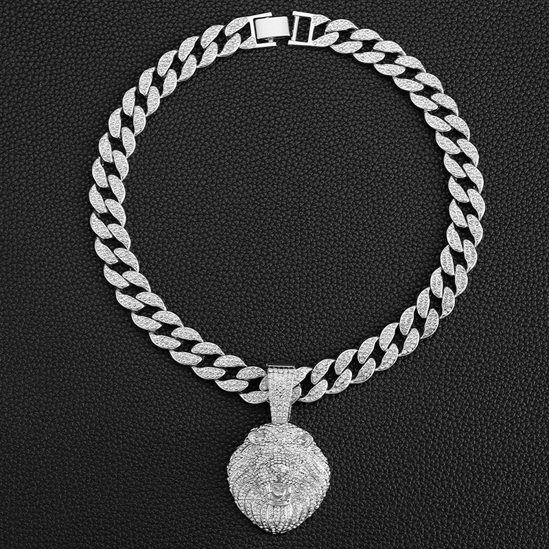 Cool Full Dia Personality Three Dimensional Lion Head Pendant Cuban Necklace Street Hip Hop Style_voghion.com