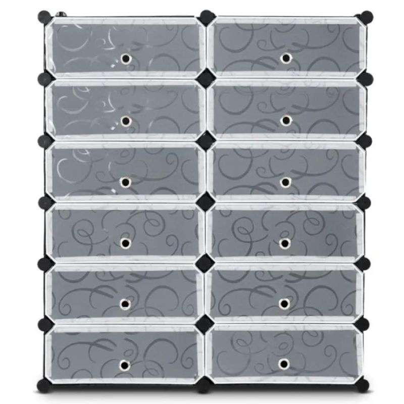 DIY Shoe Portable With Doors Rack 12-Cube Plastic Transparent_voghion.com