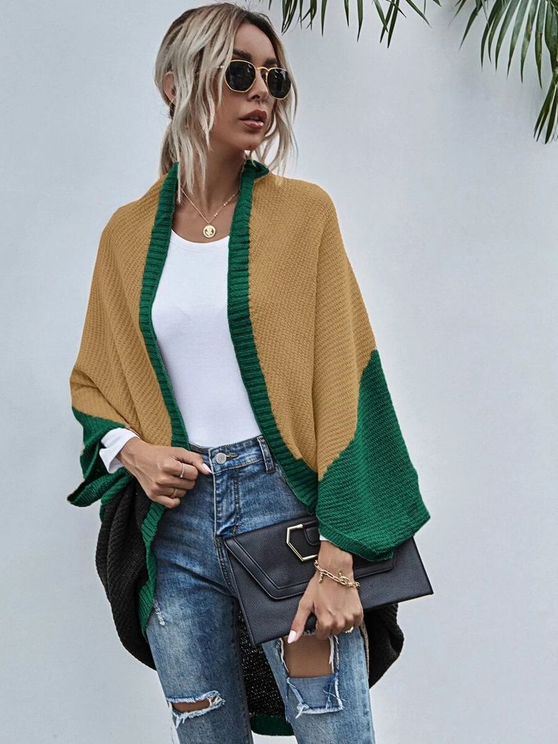 Damenbekleidung, kontrastierende Schal-Cardigan-Pulloverjacke mit Farbblockmuster_voghion.com