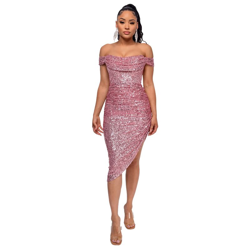 Verve Women's Summer Sequin Side Slit Gown French Off-Shoulder Bodycon Dress_voghion.com