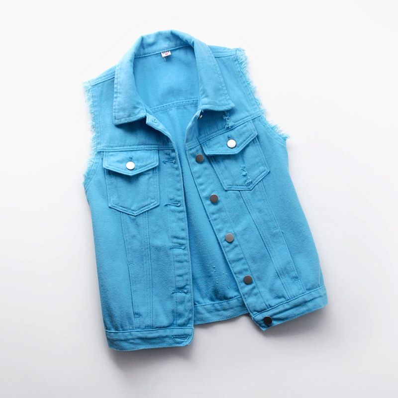 Ropa de mujer Chaleco vaquero multicolor Chaqueta corta ajustada sin mangas para mujer Cárdigan superior roto_voghion.com
