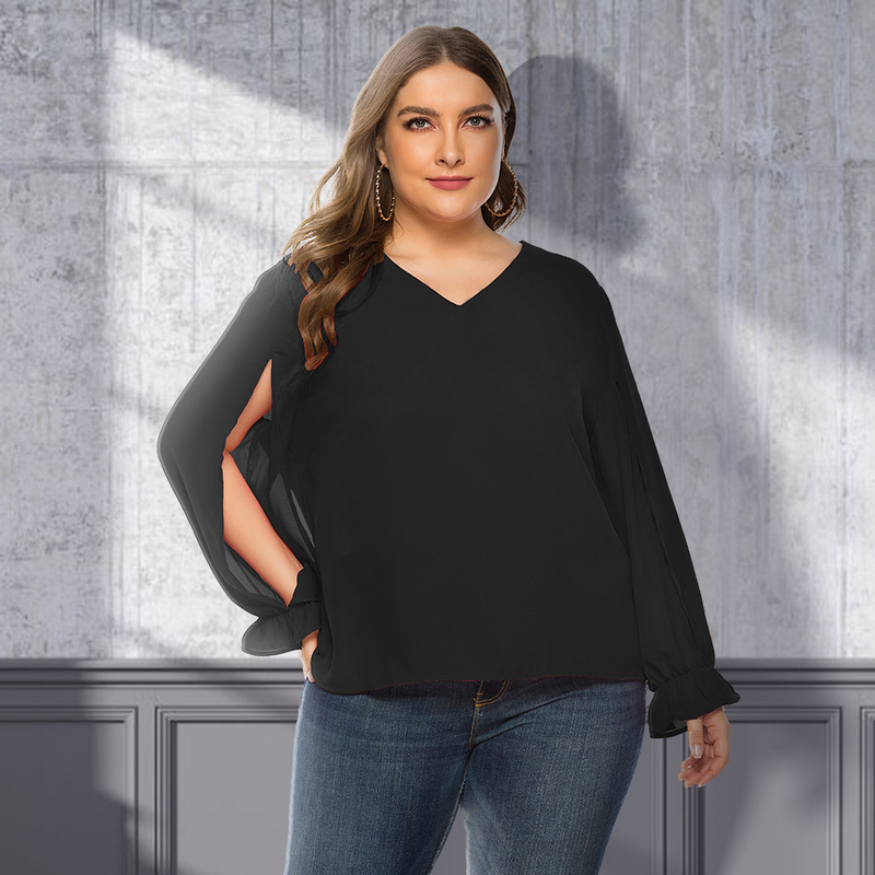 Große Damen Fat MM2023 Frühling/Sommer Solide V-Ausschnitt Split Bubble Sleeve Lose Langarm Chiffon Shirt JR336_voghion.com