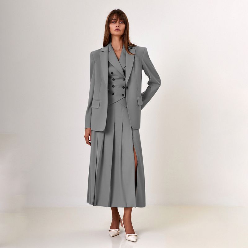 Vêtements pour femmes, tempérament d'automne élégant, nouveau gilet sans manches, jupe longue plissée, costume deux pièces_voghion.com